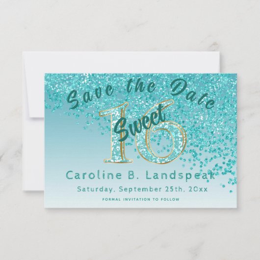 Sweet 16 Blauwgroen Blauw Glitter, Chic Glitter Nu Save The Date (Voorkant)