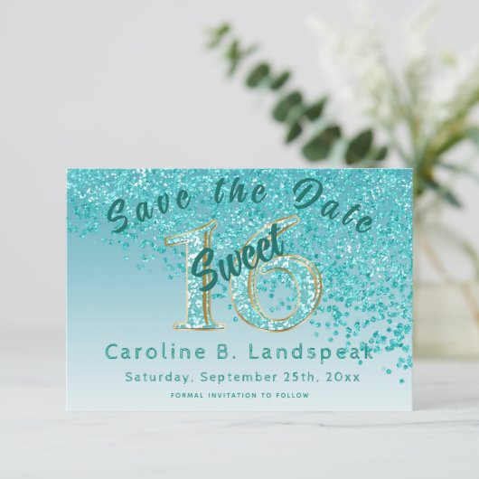 Sweet 16 Blauwgroen Blauw Glitter, Chic Glitter Nu Save The Date (Staand voorkant)