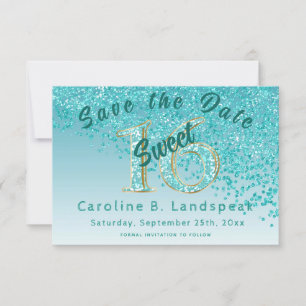 Sweet 16 Blauwgroen Blauw Glitter, Chic Glitter Nu Save The Date