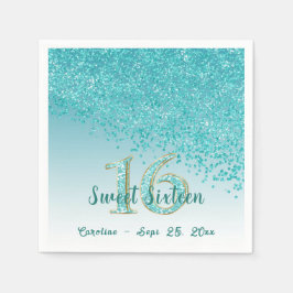 Sweet 16 - Blauwgroen blauw glitter en monogram Servet
