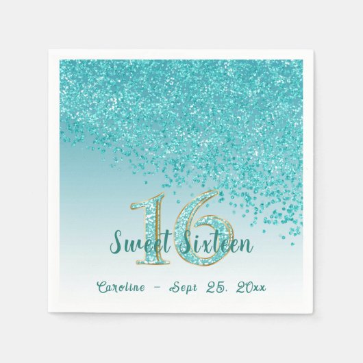 Sweet 16 - Blauwgroen blauw glitter en monogram Servet (Voorkant)