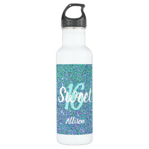 Sweet 16 Blauwgroen Blauw Glitter Gepersonaliseerd Waterfles