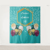 Sweet 16 Blauwgroen Blauw Glitter & Glitter Feestb Wandkleed (Voorkant)