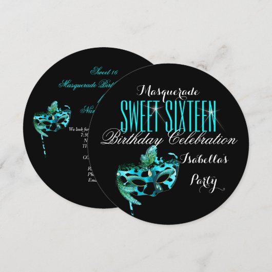 Sweet 16 Blauwgroen blauw Masquerade Birthday Part Kaart (Voorkant / Achterkant)