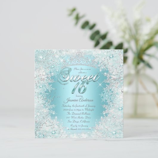 Sweet 16 Blauwgroen blauw Silver Winter Wonderlan Kaart (Staand voorkant)