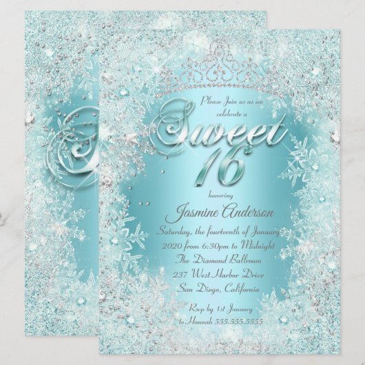 Sweet 16 Blauwgroen blauw Silver Winter Wonderland Kaart (Voorkant / Achterkant)