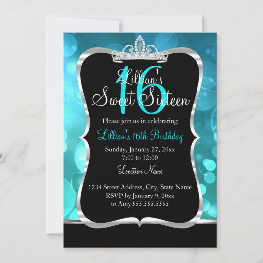 Sweet 16 Blauwgroen Blue Black Tiara Invitation Kaart (Voorkant)