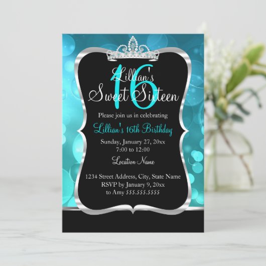 Sweet 16 Blauwgroen Blue Black Tiara Invitation Kaart (Staand voorkant)