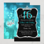Sweet 16 Blauwgroen Blue Black Tiara Invitation Kaart (Voorkant / Achterkant)