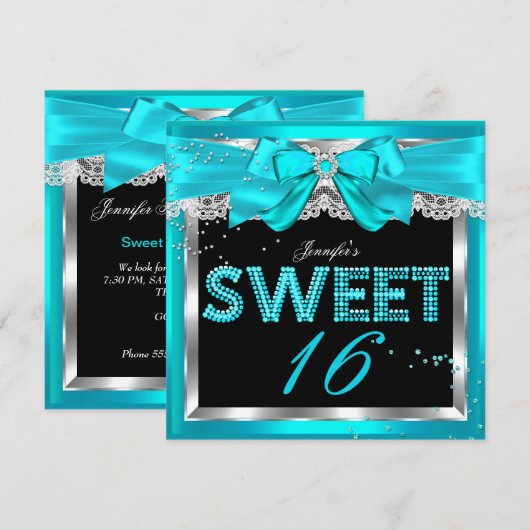 Sweet 16 Blauwgroen Blue Glitter Glam Birthday Par Kaart (Voorkant / Achterkant)