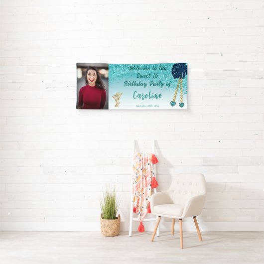 Sweet 16 Blauwgroen Blue Glitter, Heart Pareltjes  Spandoek (Insitu)