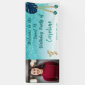 Sweet 16 Blauwgroen Blue Glitter, Heart Pareltjes Spandoek (Verticaal)