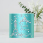 Sweet 16 Blauwgroen Blue Glitter Tiara Eiffel Towe Kaart (Staand voorkant)