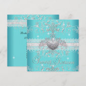 Sweet 16 Blauwgroen Blue Glitter Tiara Lace Heart Kaart (Voorkant / Achterkant)