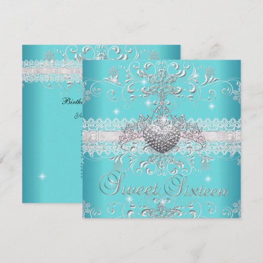 Sweet 16 Blauwgroen Blue Glitter Tiara Lace Heart Kaart (Voorkant / Achterkant)