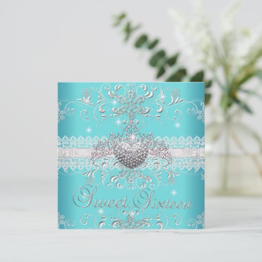 Sweet 16 Blauwgroen Blue Glitter Tiara Lace Heart Kaart (Staand voorkant)