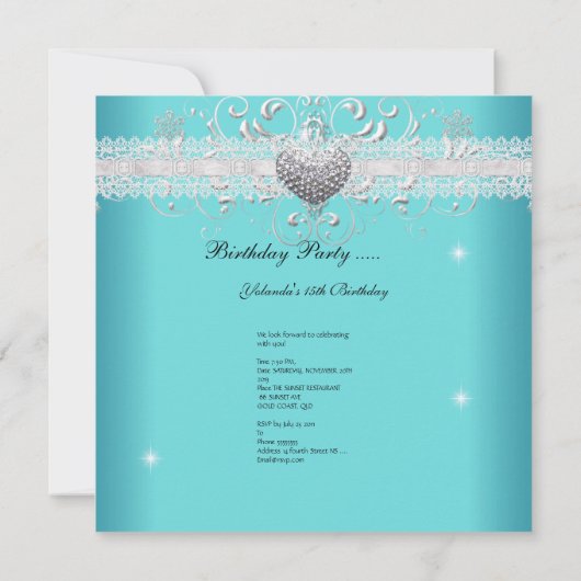 Sweet 16 Blauwgroen Blue Glitter Tiara Lace Heart Kaart (Achterkant)