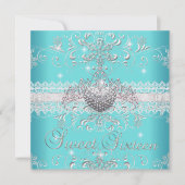 Sweet 16 Blauwgroen Blue Glitter Tiara Lace Heart Kaart (Voorkant)