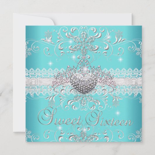 Sweet 16 Blauwgroen Blue Glitter Tiara Lace Heart Kaart (Voorkant)