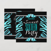 Sweet 16 Blauwgroen Blue Zebra Black White Birthda Kaart (Voorkant / Achterkant)