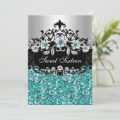 Sweet 16 Blauwgroen Floral Glitter Party Invitatio Kaart (Staand voorkant)