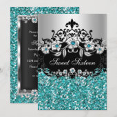 Sweet 16 Blauwgroen Floral Glitter Party Invitatio Kaart (Voorkant / Achterkant)