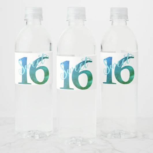 Sweet 16 | Blauwgroen groene grunge en faux glitte Waterfles Etiket (Flessen)