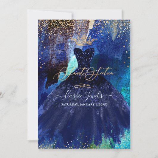 Sweet 16 Blauwgroen marineblauwe Waterverf jurk Kaart (Voorkant)