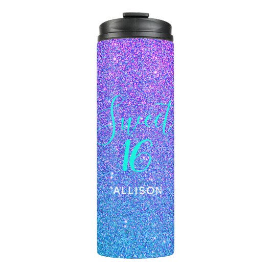 Sweet 16 Blauwgroen Paars Glitter Ombre Personaliz Thermosbeker (Voorkant)