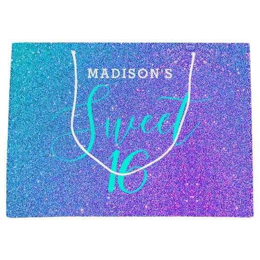 Sweet 16 Blauwgroen Paars Glitter Speciaal Groot Cadeauzakje (Voorkant)