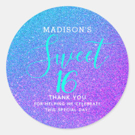 Sweet 16 Blauwgroen Paarse Glitter Dank je Monogra Ronde Sticker
