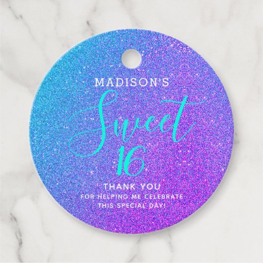 Sweet 16 Blauwgroen Paarse Glitter Dank je naam Bedankjes Labels (Voorkant)