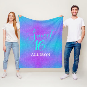 Sweet 16 Blauwgroen Paarse Glitter Girls Persoonli Fleece Deken
