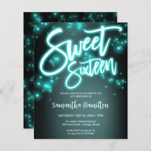 Sweet 16 Blauwgroen uitnodiging voor het uitnodige (Voorkant / Achterkant)