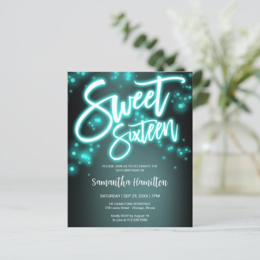 Sweet 16 Blauwgroen uitnodiging voor het uitnodige (Staand voorkant)