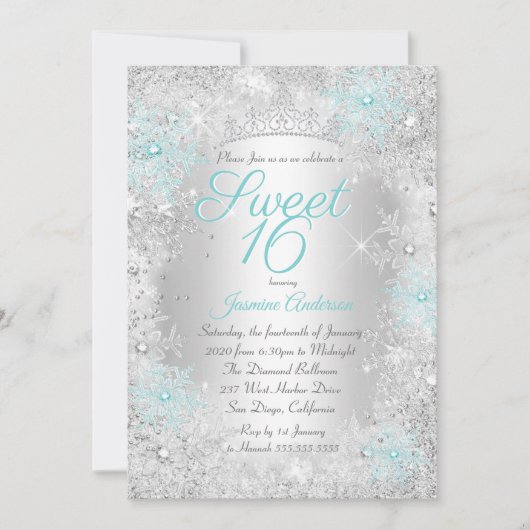 Sweet 16 Blauwgroen zilerwinter Wonderland Kaart (Voorkant)