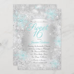 Sweet 16 Blauwgroen zilerwinter Wonderland Kaart<br><div class="desc">Blauwgroen blauw Silver Sweet 16 Birthday Uitnodiging.  sneeuwvlokken en tiara-ontwerp. Let op: alle platte afbeeldingen hebben geen echte juwelen!</div>