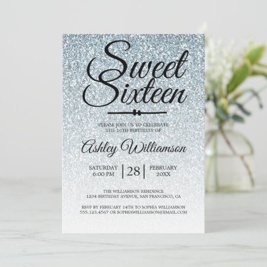 Sweet 16 Bleke Blue Glitter Ombre 16e verjaardag Kaart (Staand voorkant)