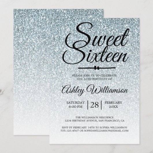 Sweet 16 Bleke Blue Glitter Ombre 16e verjaardag Kaart (Voorkant / Achterkant)