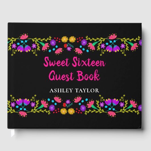 Sweet 16 Bloemen Roze en Zwart Mexicaanse bloemen Gastenboek (Voorkant)