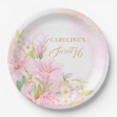 Sweet 16 Bloemen Waterverf Botanische Blush Roze Papieren Bordje (Voorkant)