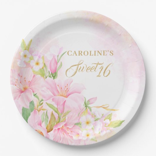 Sweet 16 Bloemen Waterverf Botanische Blush Roze Papieren Bordje (Voorkant)