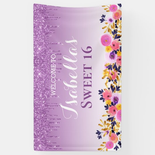 Sweet 16 | Bloemenslingerende Glitter Spandoek (Verticaal)