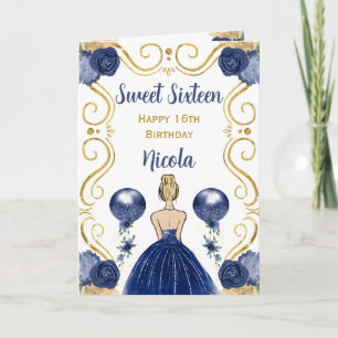 Sweet 16 Blonde Princess Navy Happy Birthday Kaart