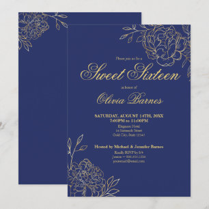 Sweet 16 Blue and Gold Line Art Flowers Floral Kaart