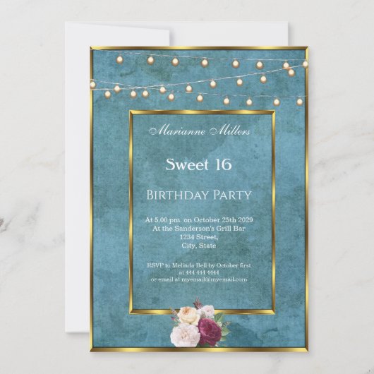 Sweet 16 Blue Blauwgroen Gold Fairy Lights Rozen Kaart (Voorkant)