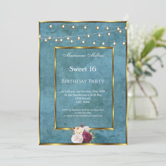 Sweet 16 Blue Blauwgroen Gold Fairy Lights Rozen Kaart (Staand voorkant)