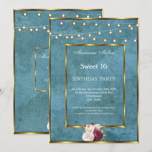 Sweet 16 Blue Blauwgroen Gold Fairy Lights Rozen Kaart (Voorkant / Achterkant)
