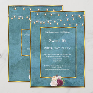 Sweet 16 Blue Blauwgroen Gold Fairy Lights Rozen Kaart