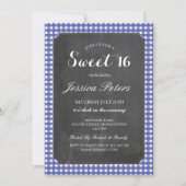 Sweet 16 Blue Check Lights Rustic Chalk Invitation Kaart (Voorkant)